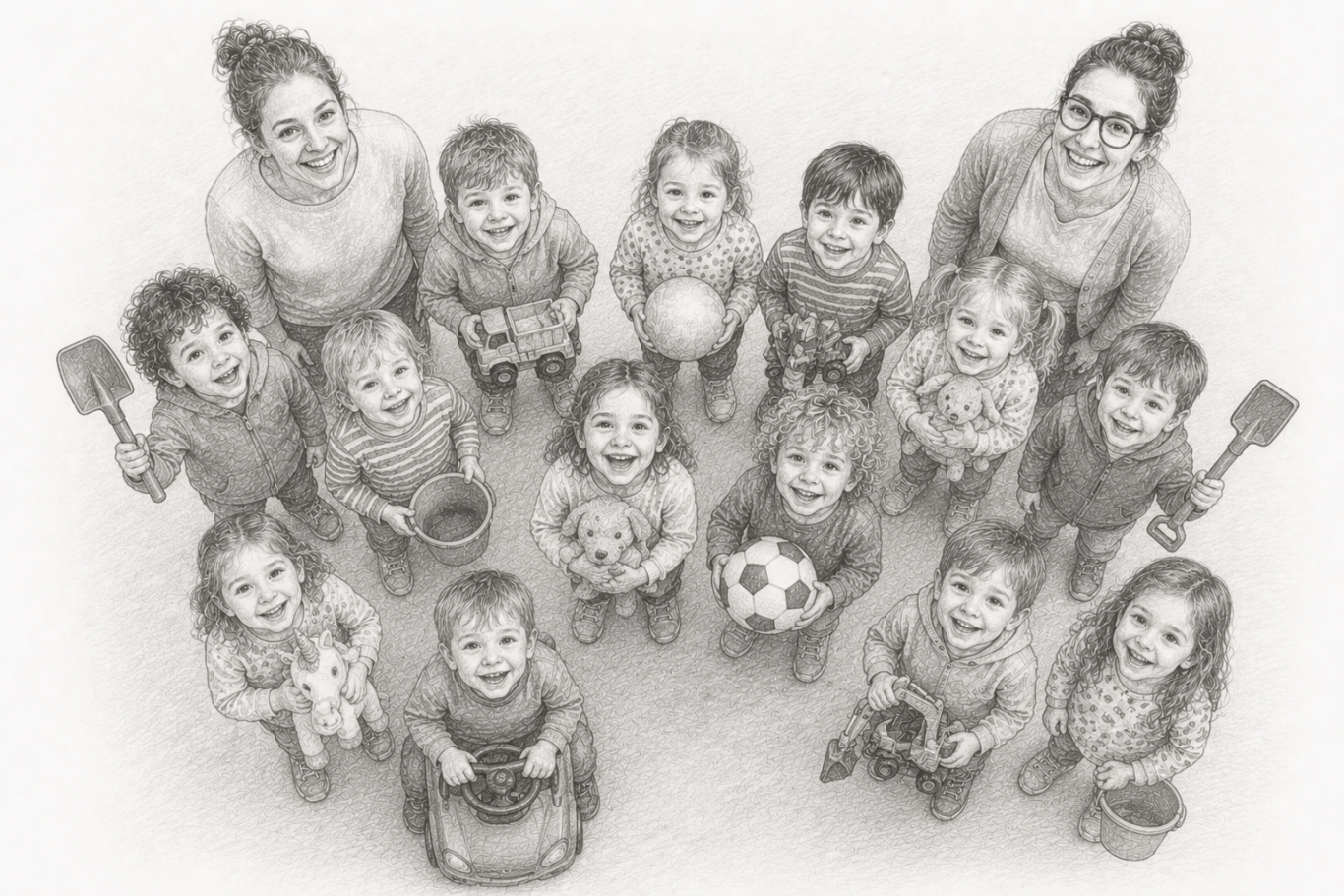 Gruppenfoto Kita Gruppe von Kindern und Betreuern lächeln und stehen im Kreis, halten Spielzeug in der Hand.