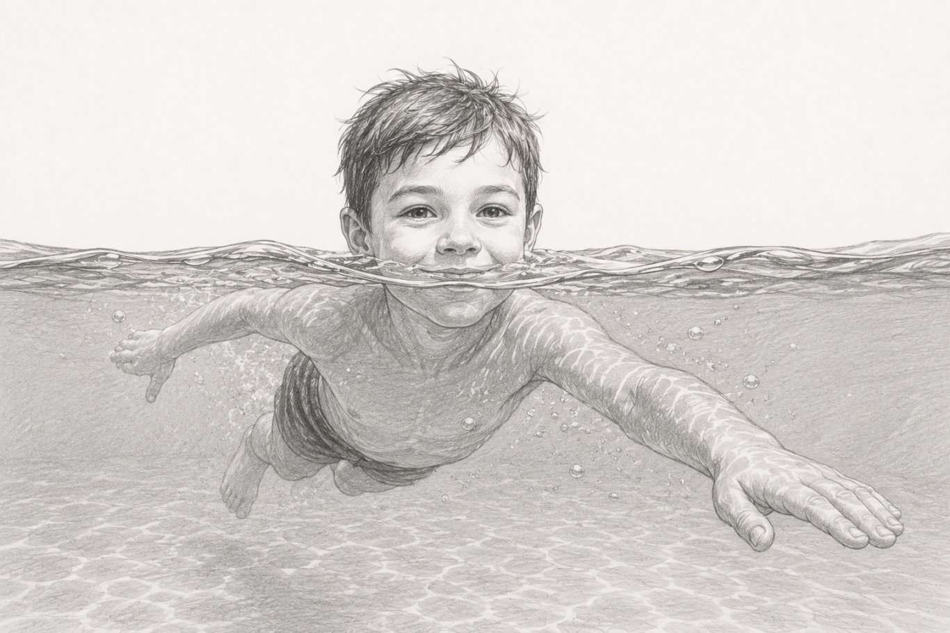 Kinderschwimmen ohne Elternteil Ein Junge schwimmt lächelnd unter Wasser.